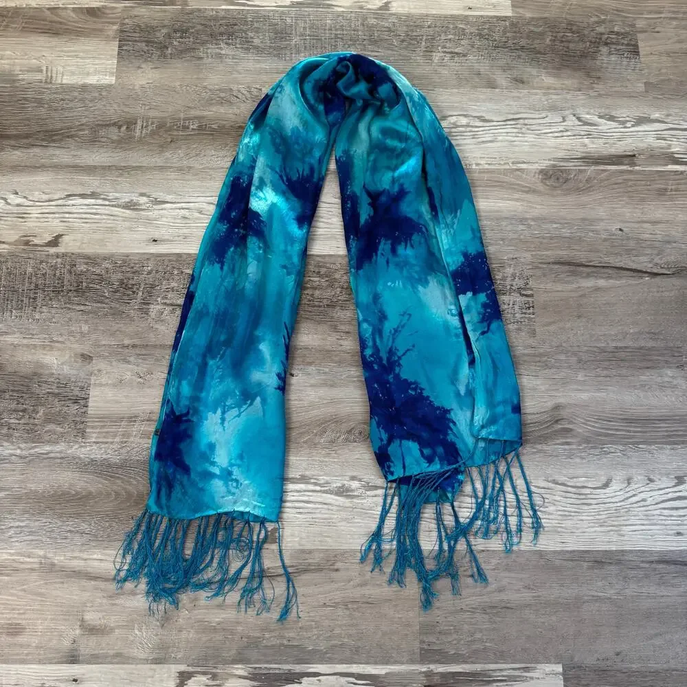 Vintage 100% Silk Blue Aqua Tie Dye Fringe Scarf Boho Resort Wrap